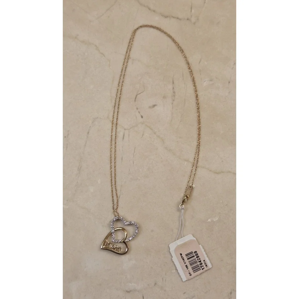 New Piercing‎ Pagoda 10k Gold 1/10 CTW Diamond Double Heart Mom Necklace 18